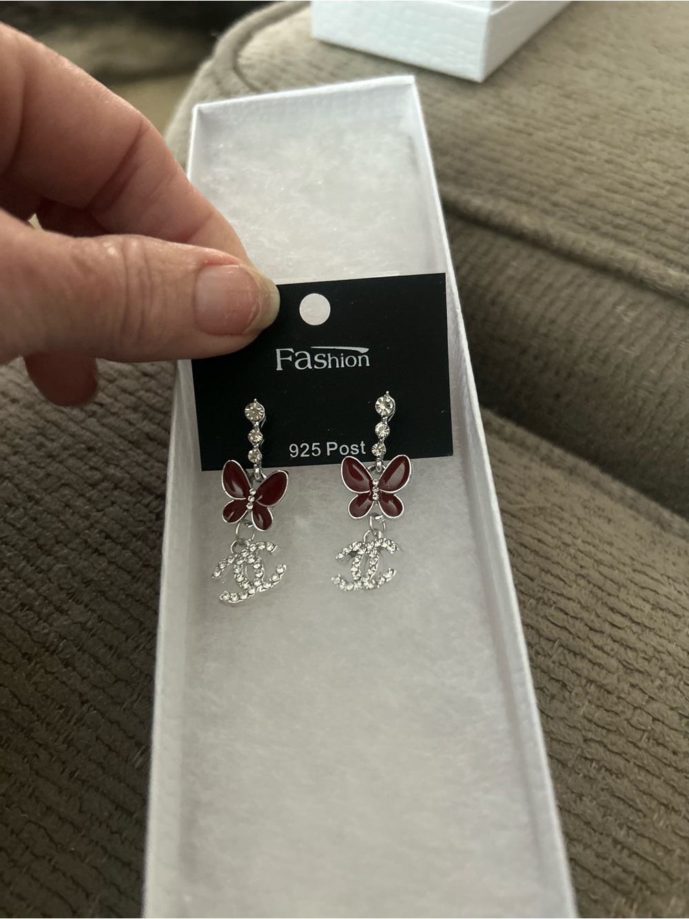 Fashion Jewelry Red Butterfly Drop Earrings with Crystal Logo Charm, NEW, Post